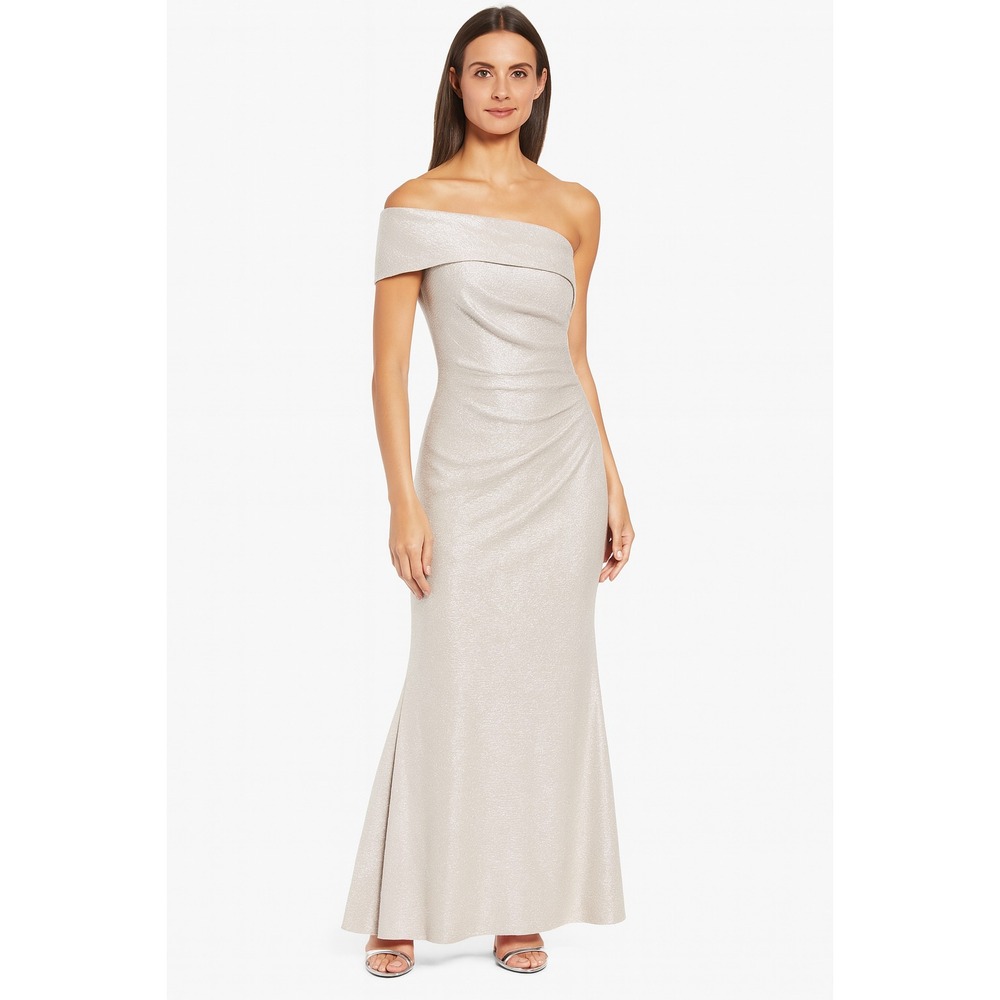 Eliza J Women's One Shoulder Side Tucked Gown Champagne Size 14 Maxi Sleeveless